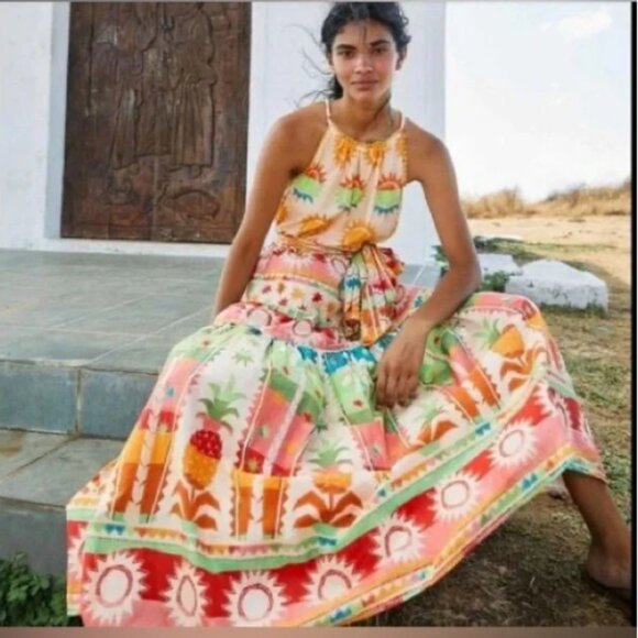 FARM RIO Rainbow Sunset Halter Bow Maxi Dress - Picture 1 of 5